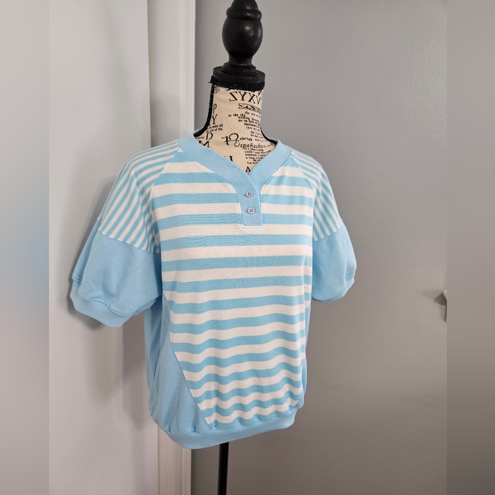 Vintage 80s Preppy Baby Blue & White Striped Button-up T-shirt